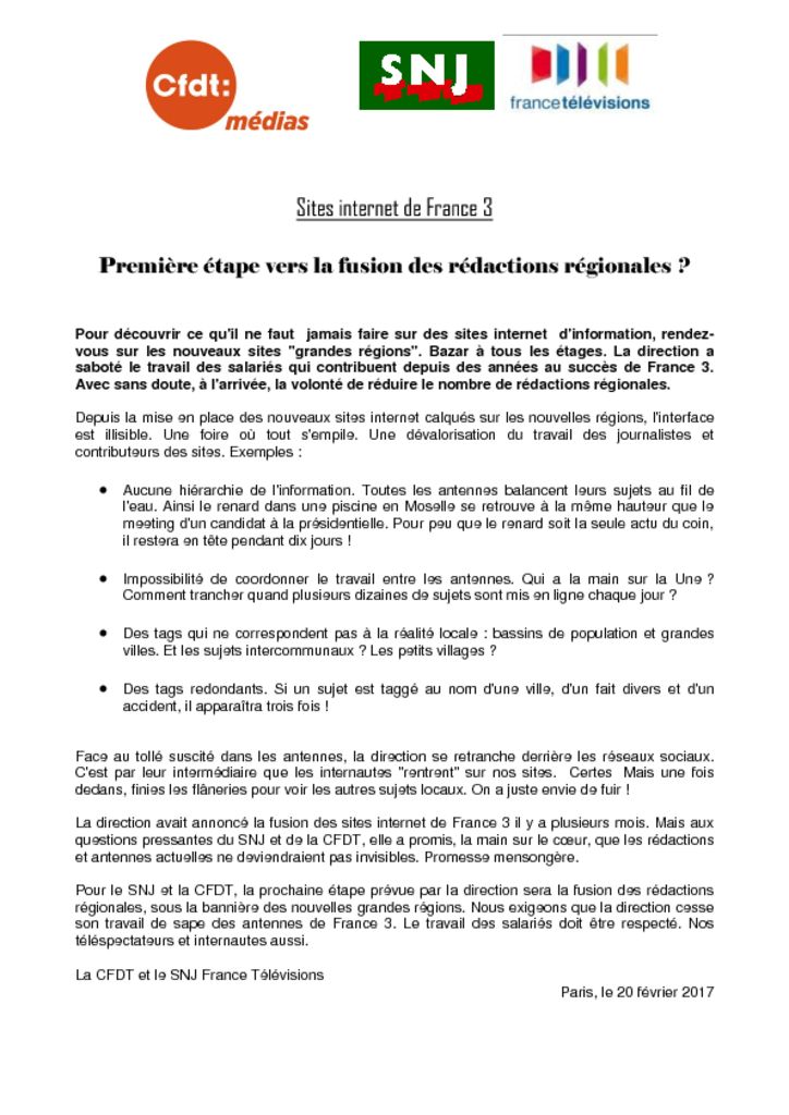 thumbnail of Première étape vers la fusion des rédactions régionales (2)