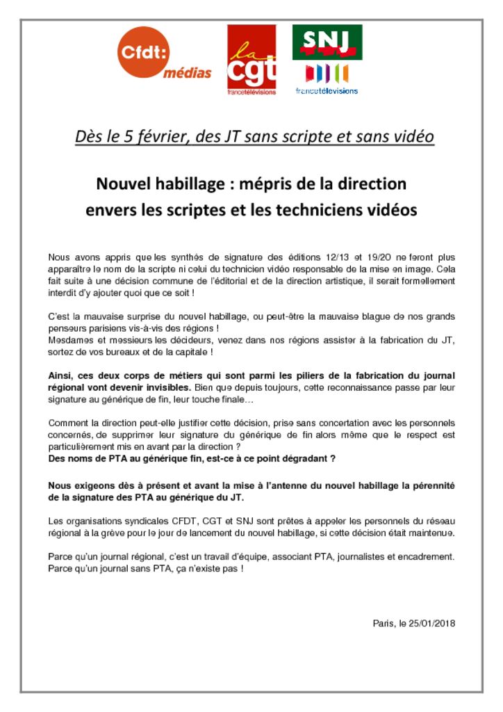 thumbnail of Communiqué CFDT CGT SNJ – Nouvel habillage